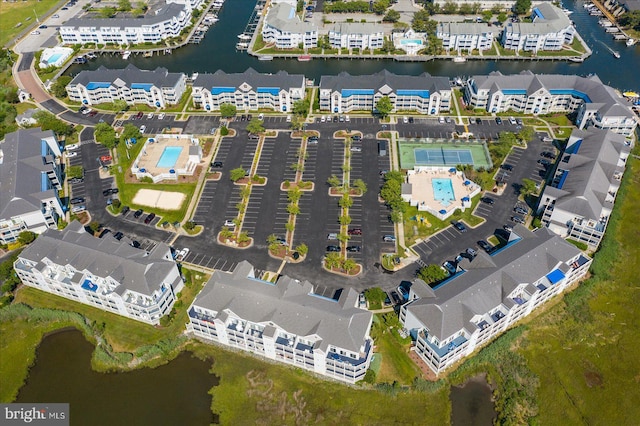 aerial view featuring a water view