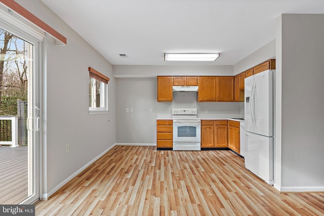 kitchen featuring plenty of natural light, light wood-type flooring, and white appliances