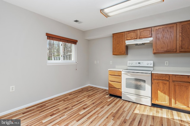 kitchen featuring light hardwood / wood-style floors and white range with electric cooktop