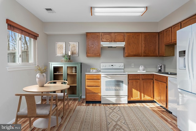 kitchen with light hardwood / wood-style floors and white appliances