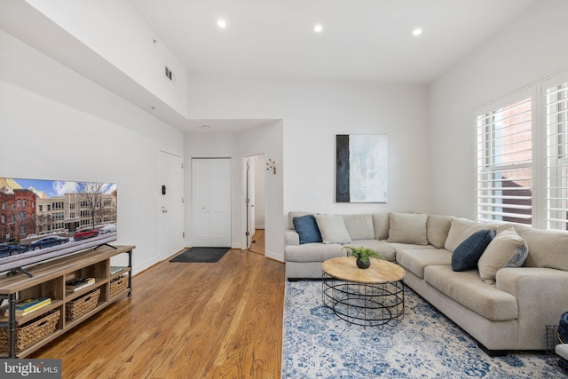 living room with hardwood / wood-style floors and a high ceiling