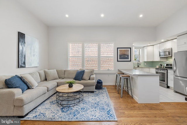 living room with light hardwood / wood-style floors and sink