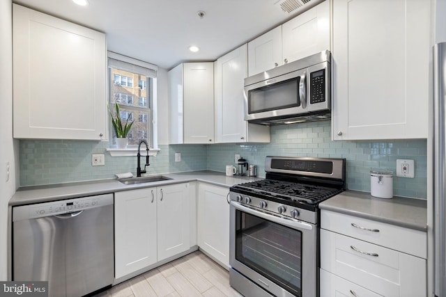 kitchen featuring white cabinets, decorative backsplash, sink, and appliances with stainless steel finishes