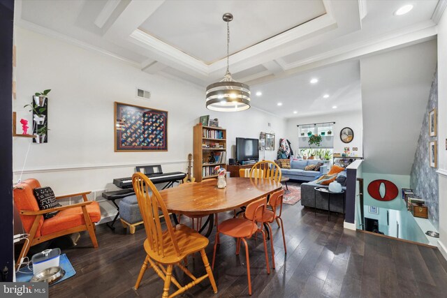 dining space with ornamental molding, coffered ceiling, dark wood-type flooring, beam ceiling, and an inviting chandelier