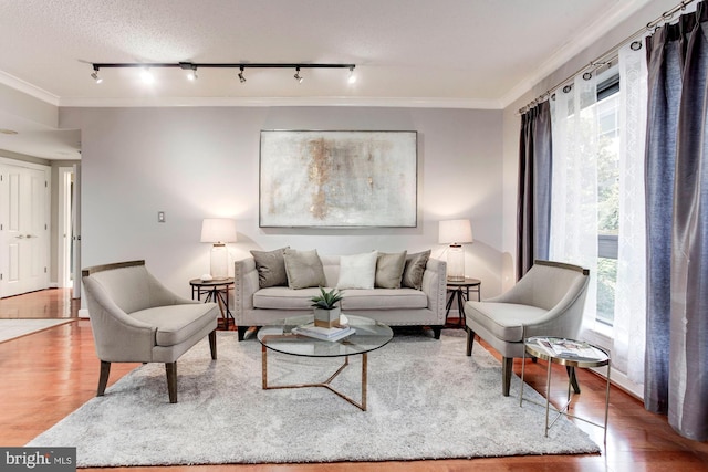 living room with hardwood / wood-style floors, rail lighting, a textured ceiling, and crown molding