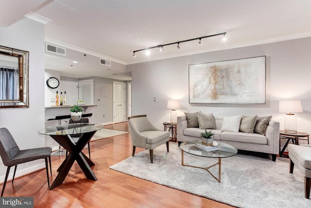 living room with a textured ceiling, light wood-type flooring, track lighting, and crown molding