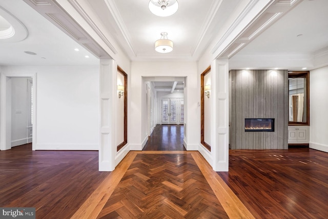 hallway with crown molding and dark parquet floors