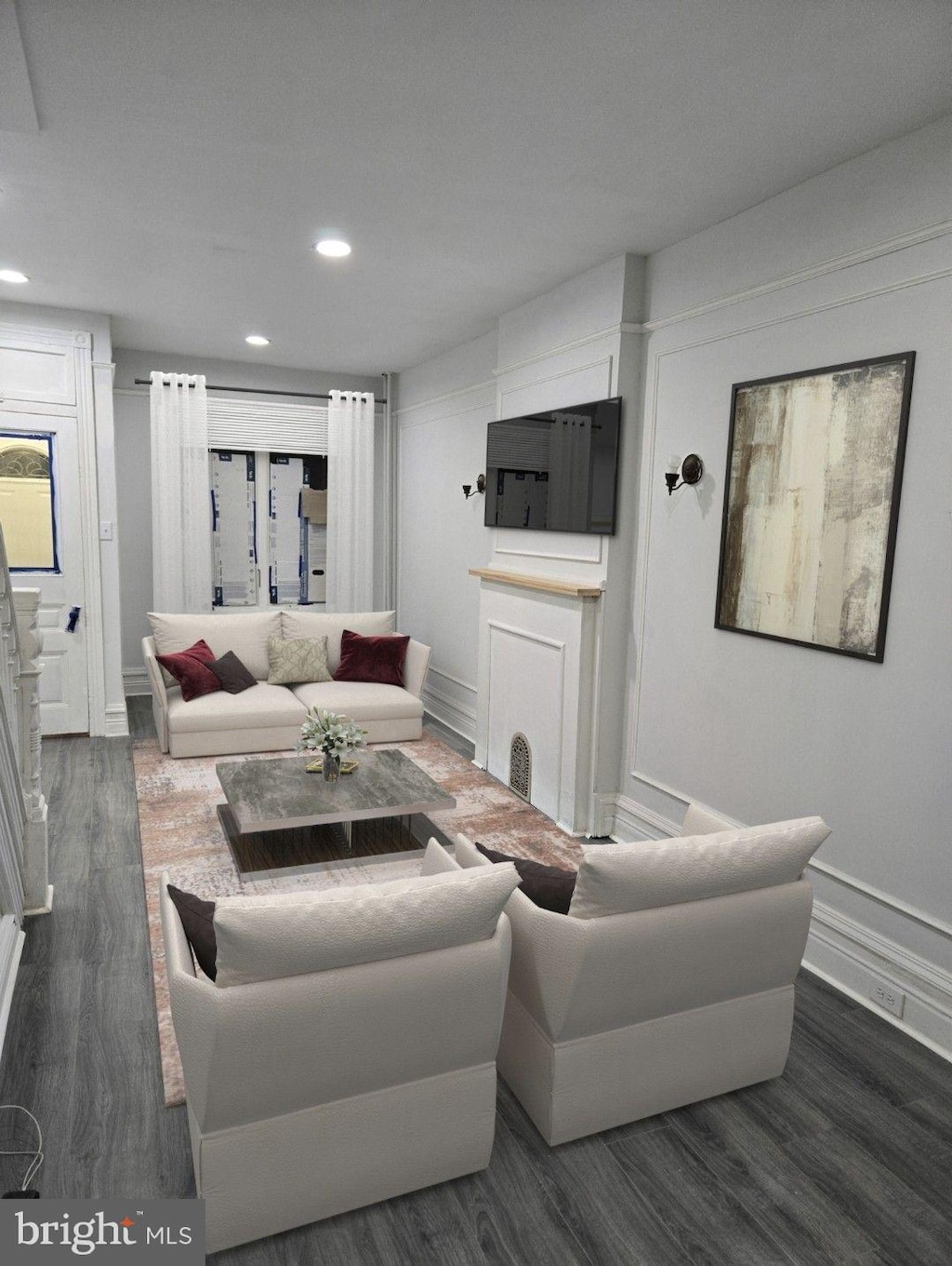 living room with dark wood-type flooring