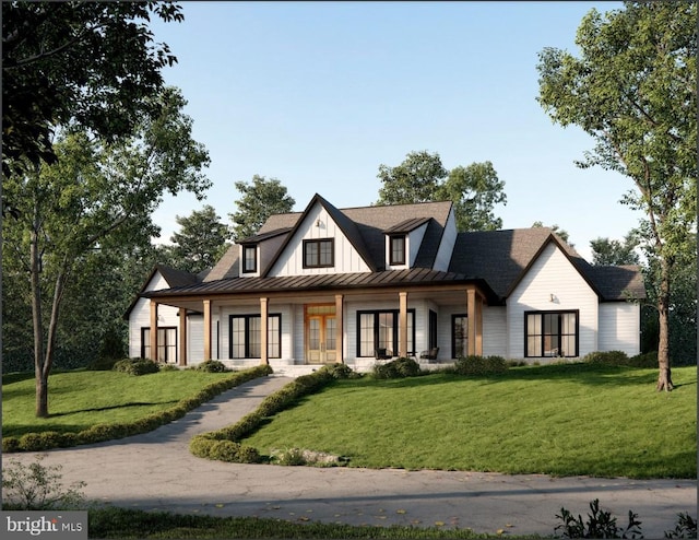 modern farmhouse style home with a porch, a front yard, and french doors