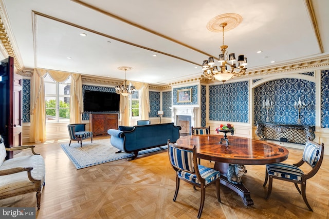 dining area with an inviting chandelier, light parquet floors, plenty of natural light, and crown molding