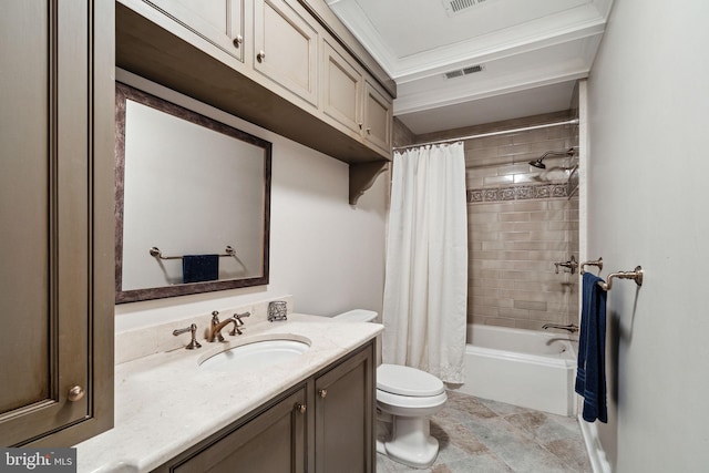 full bathroom with vanity, ornamental molding, shower / bath combo, and toilet