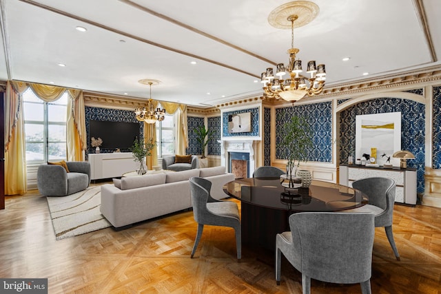 dining space featuring ornamental molding, a healthy amount of sunlight, and parquet flooring