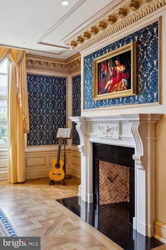 interior space featuring parquet flooring and crown molding