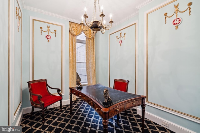 carpeted home office with ornamental molding and an inviting chandelier