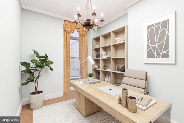 office area with an inviting chandelier, crown molding, and light hardwood / wood-style flooring