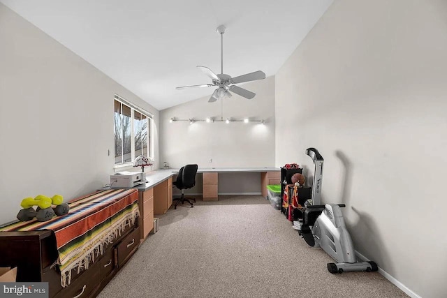 miscellaneous room with ceiling fan, light colored carpet, and lofted ceiling