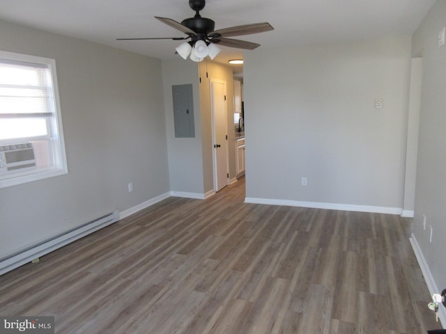 empty room featuring hardwood / wood-style floors, electric panel, cooling unit, ceiling fan, and baseboard heating