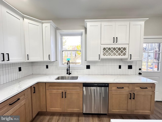 kitchen featuring dark hardwood / wood-style flooring, white cabinetry, sink, and stainless steel dishwasher