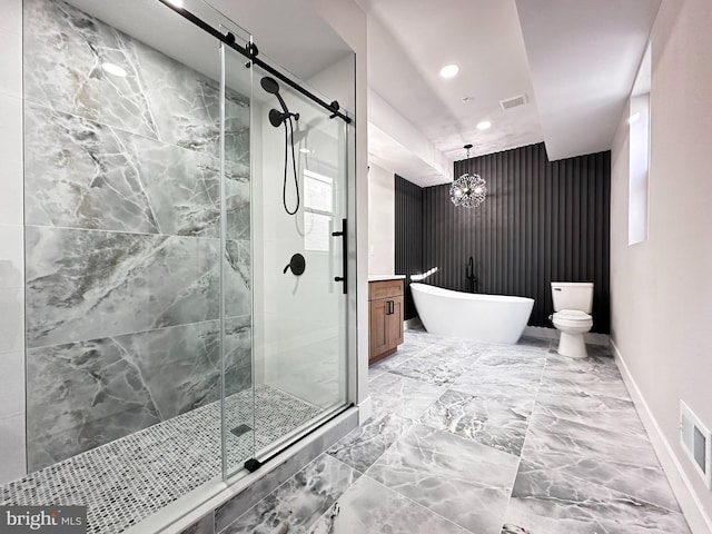 bathroom with shower with separate bathtub, toilet, and a notable chandelier