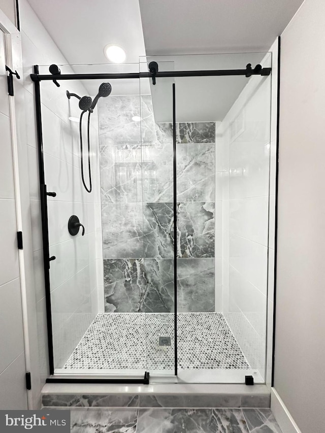 bathroom featuring a shower with shower door