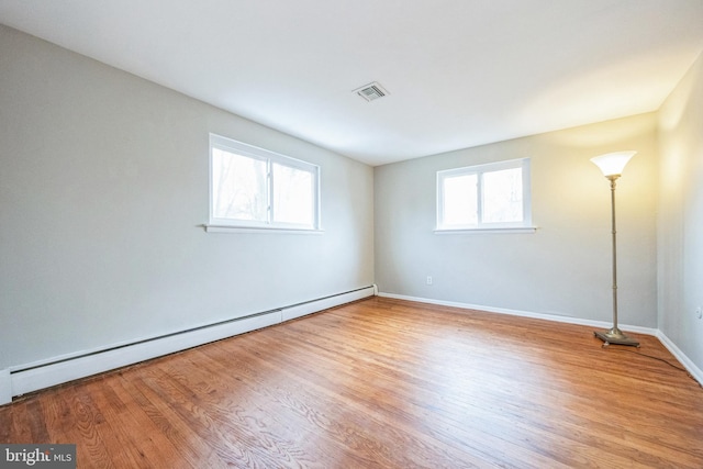 spare room with light hardwood / wood-style flooring and a baseboard radiator