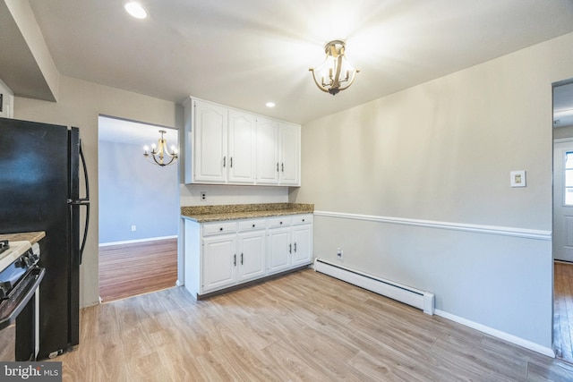 kitchen with white cabinetry, light hardwood / wood-style flooring, electric stove, and a baseboard radiator