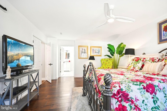 bedroom featuring ceiling fan and dark wood-type flooring