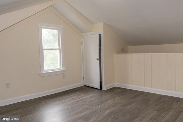 additional living space featuring dark wood-type flooring and lofted ceiling