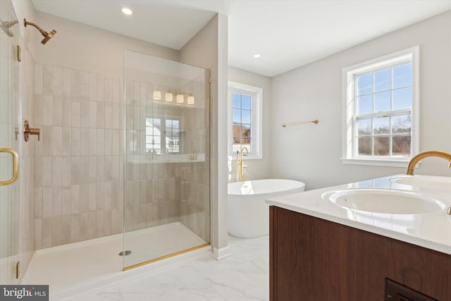 bathroom featuring vanity and separate shower and tub