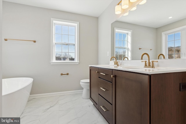 bathroom with a tub, vanity, and toilet