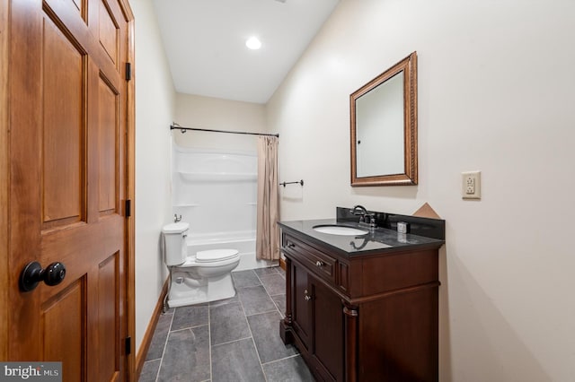 full bathroom featuring tile patterned flooring, vanity, toilet, and shower / bathtub combination with curtain