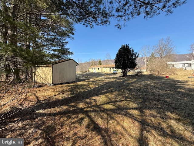 view of yard with an outbuilding and a shed