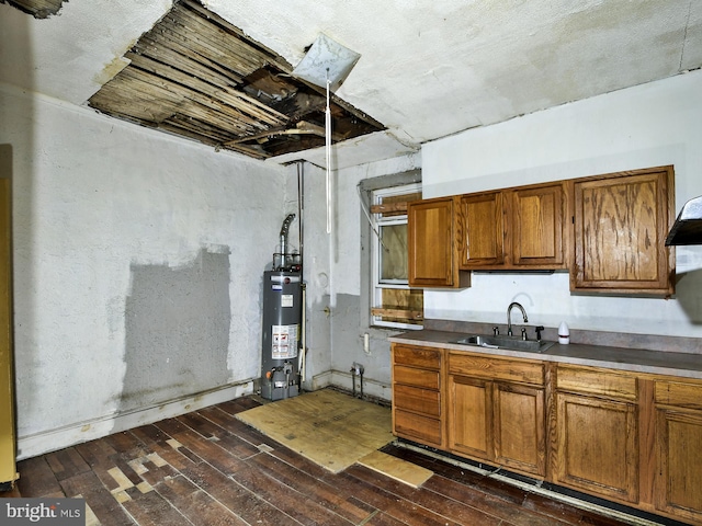 kitchen featuring water heater, sink, and dark hardwood / wood-style floors