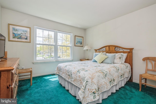 bedroom featuring dark carpet