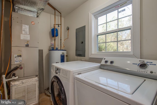 laundry area featuring electric panel, electric water heater, and washer and clothes dryer