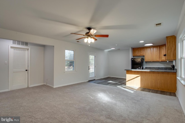 kitchen with black refrigerator, kitchen peninsula, ceiling fan, and dark wood-type flooring