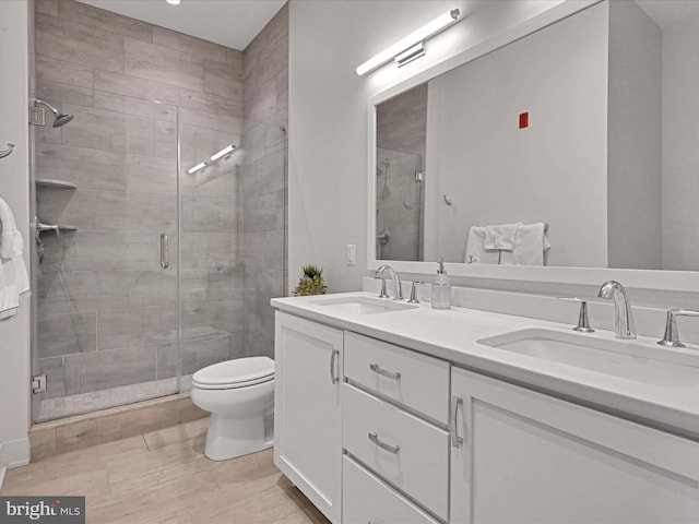 bathroom with vanity, a shower with shower door, and toilet