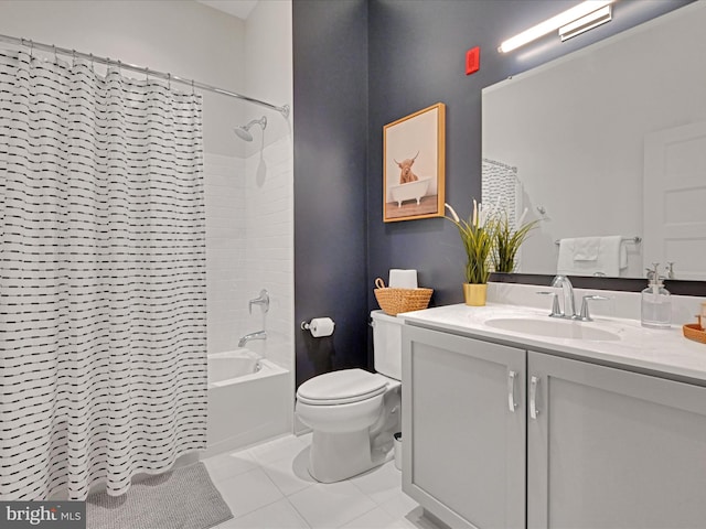 full bathroom featuring tile patterned floors, vanity, toilet, and shower / bathtub combination with curtain