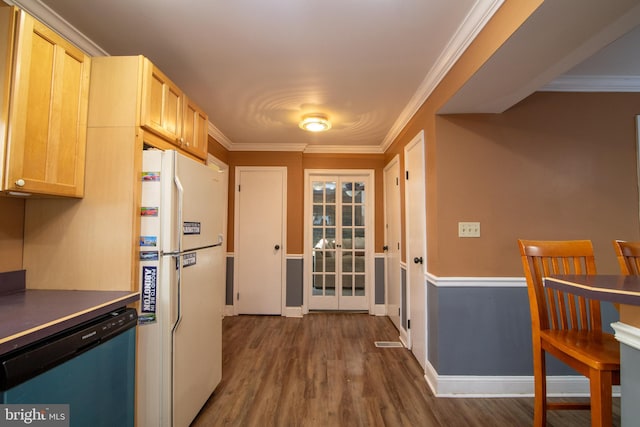 kitchen featuring dishwasher, dark wood-type flooring, white refrigerator, ornamental molding, and light brown cabinetry