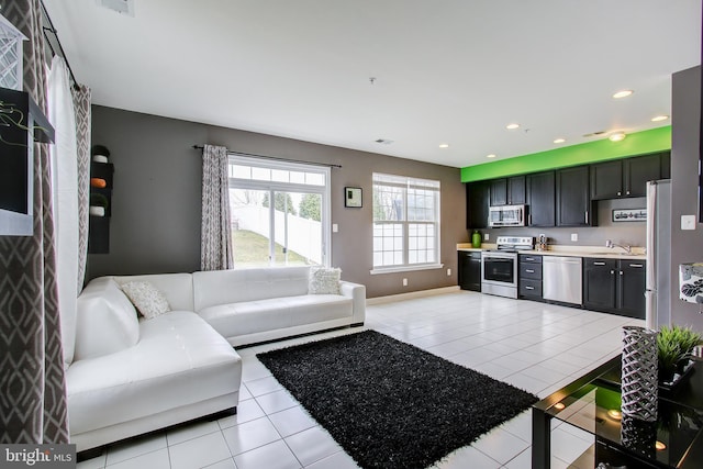 tiled living room with sink