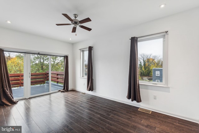 spare room with a wealth of natural light, hardwood / wood-style floors, and ceiling fan