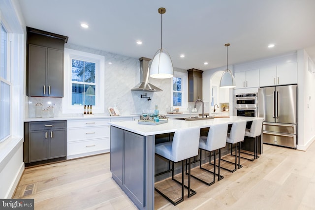 kitchen featuring stainless steel appliances, hanging light fixtures, a center island with sink, and white cabinets