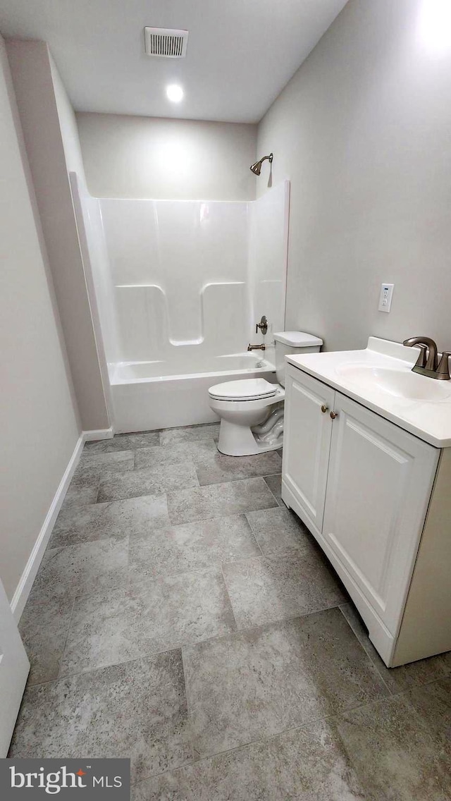 full bathroom with vanity,  shower combination, and toilet