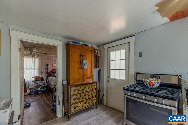 interior space with ceiling fan, stainless steel gas range oven, and wood-type flooring