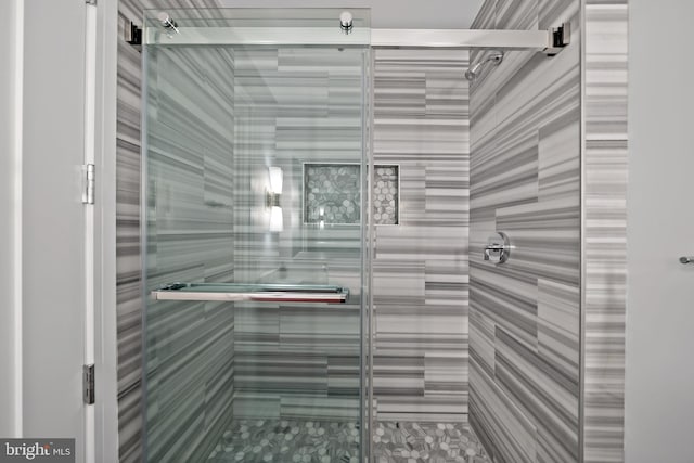 bathroom with a shower with shower door