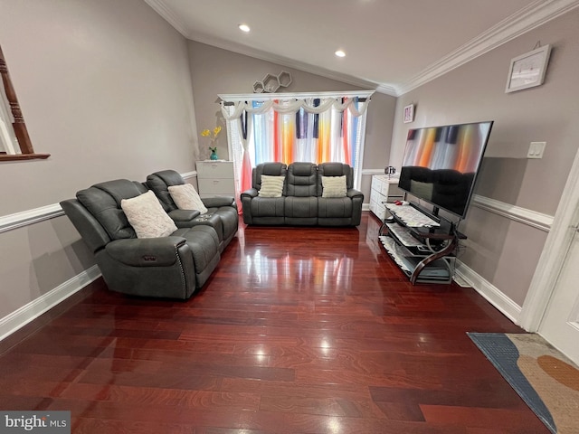 living room featuring dark wood-type flooring, crown molding, and vaulted ceiling