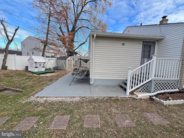 exterior space with a storage shed