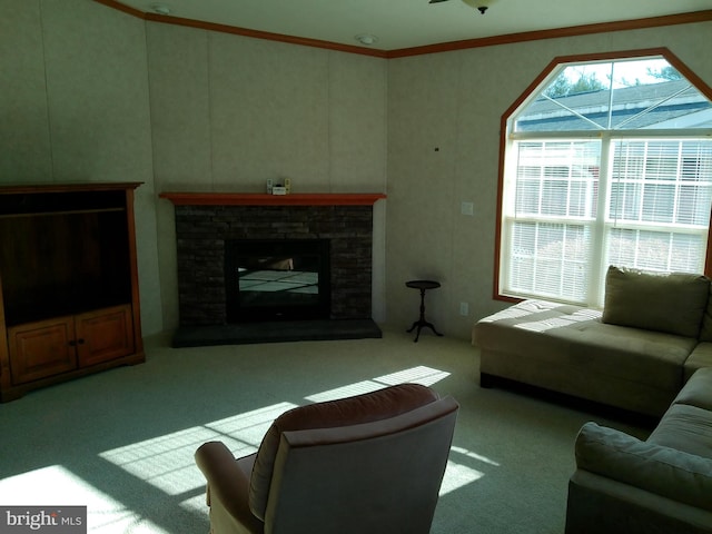 carpeted living room featuring crown molding and a fireplace