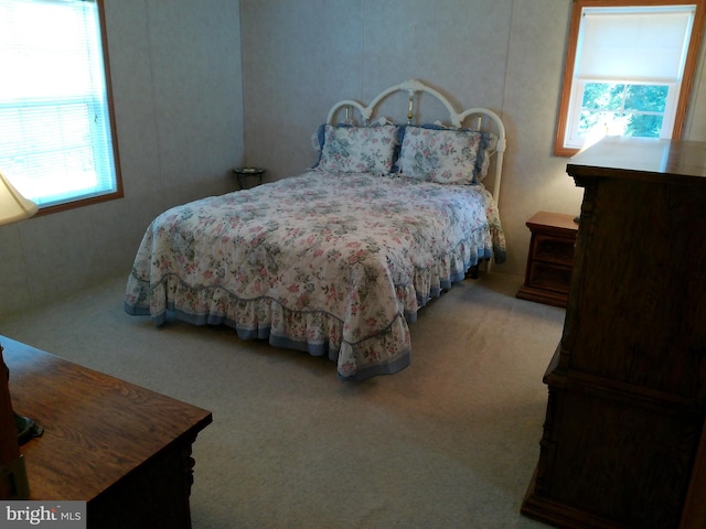 bedroom with light colored carpet