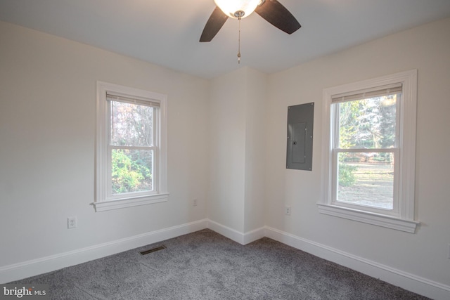 spare room with electric panel, ceiling fan, and carpet floors